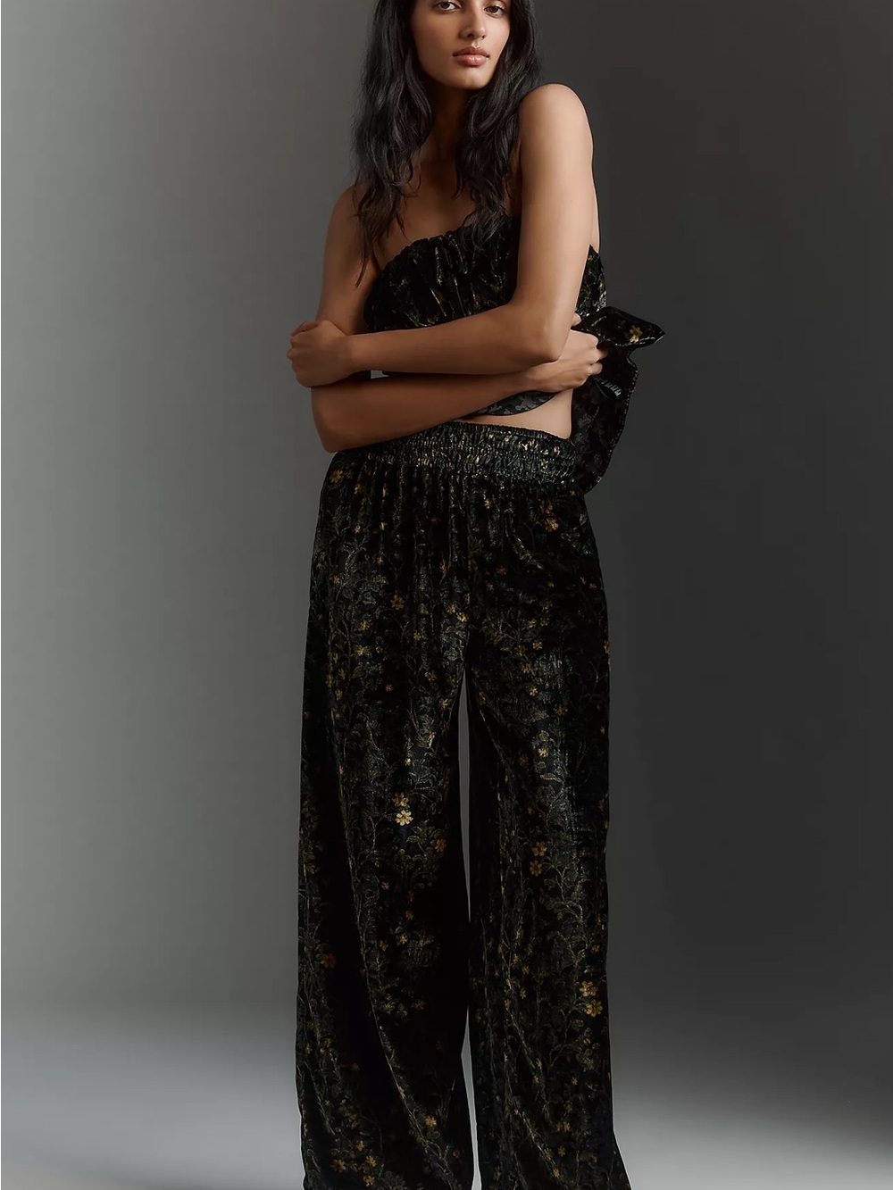 Velvet Wide-Leg Floral Pants